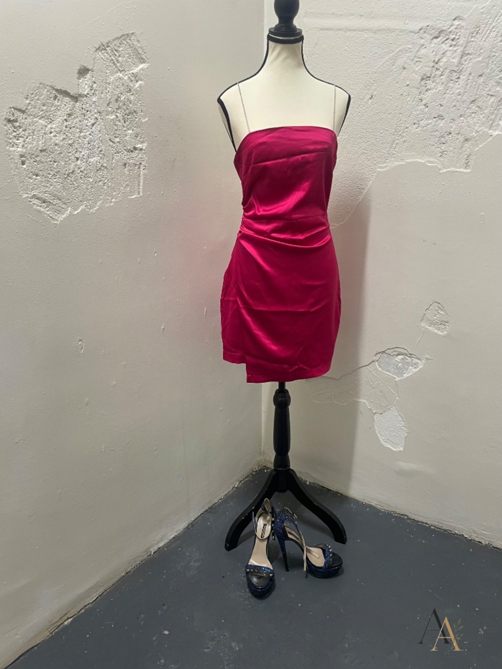 Zara Magenta Satin Effect Mini Dress - Rhinestone Chain Straps - Size M - Picture 10 of 11